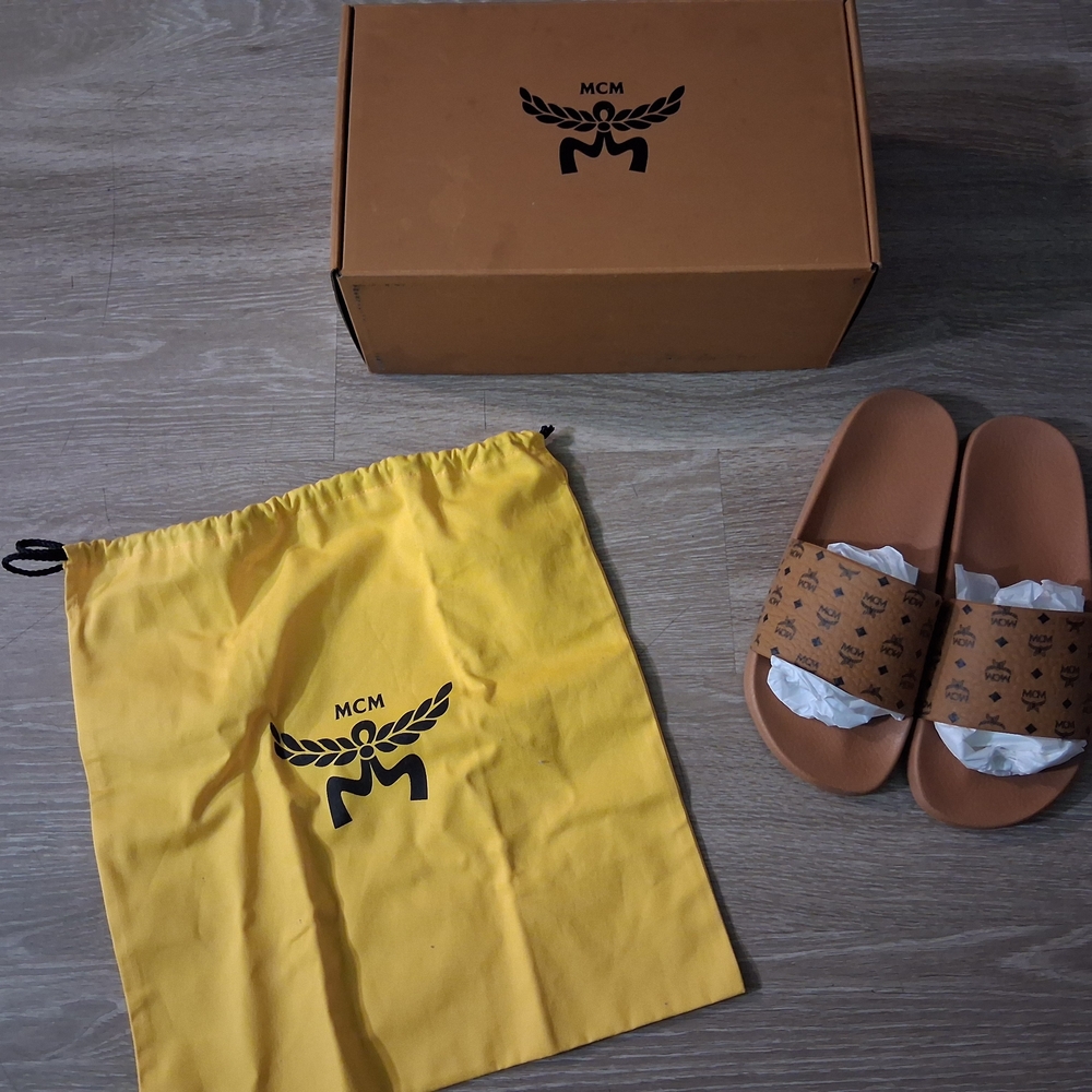 MCM Tan Slides with Logo and Accessories